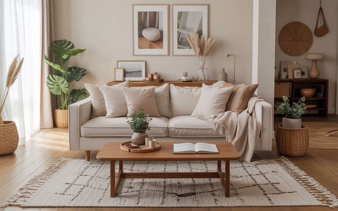 Living room with neutral sofa, layered cushions and throw, wooden coffee table, soft rug, bright airy interior, Pinterest-style photo.”