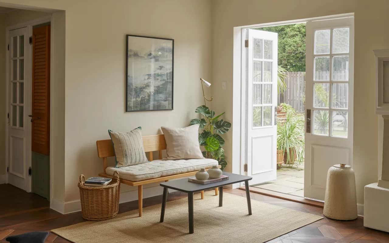 Living room corner with cushioned bench, throw pillows, small coffee table, and double doors opening to garden