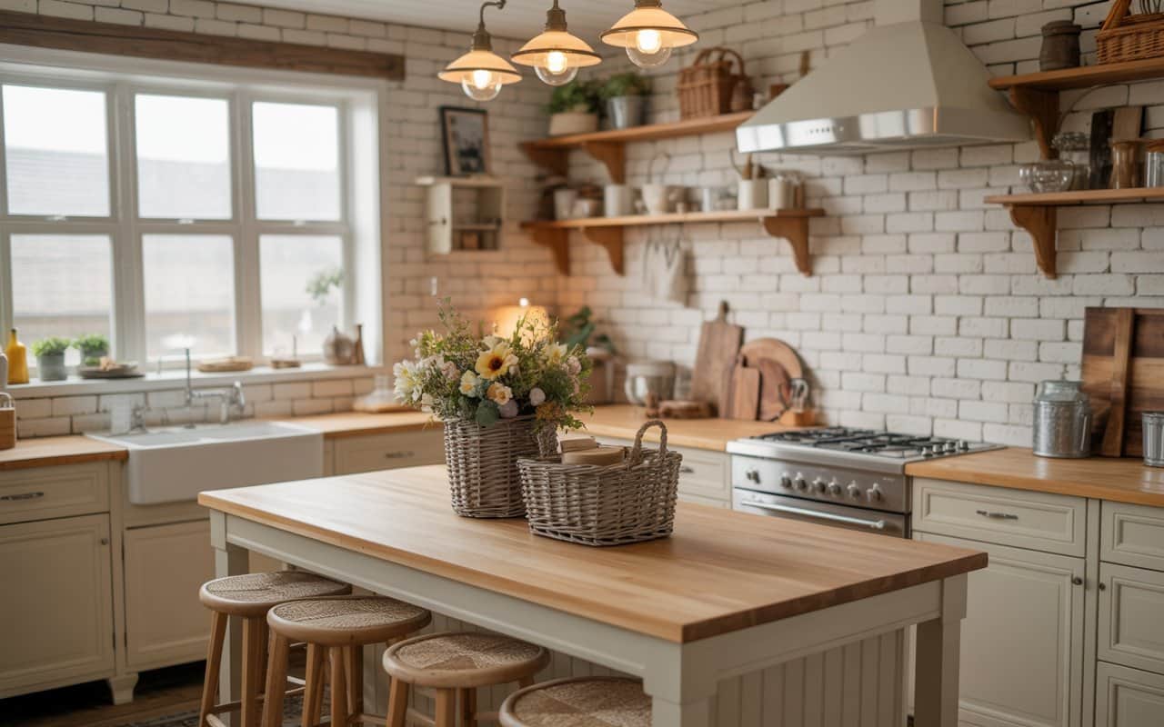 Farmhouse kitchen with wooden island, butcher block top, rustic baskets, decorative flowers, cozy lighting.