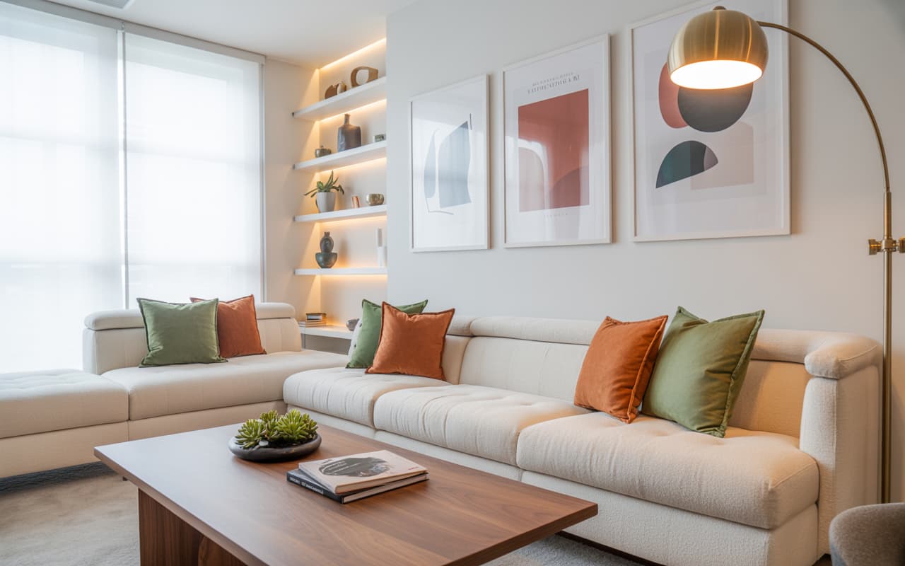 A trendy home interior with modern decor accents, fresh colors, stylish wall art, and cozy lighting.