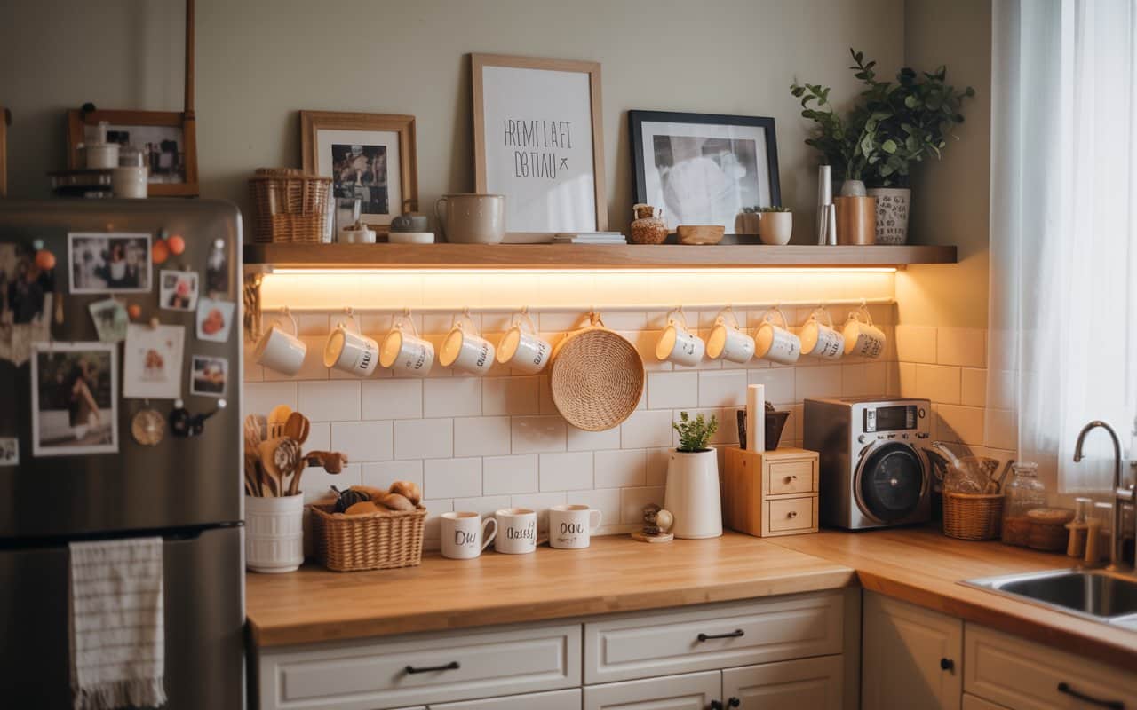 Kitchen with personalized mugs, framed photos, handmade decor on shelves, warm lighting, Pinterest-inspired cozy interior