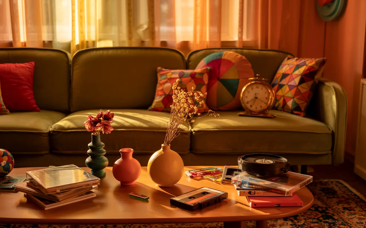 80s retro living room with patterned cushions, vintage clock, colorful vases, cassette tapes, vinyl records, playful decor items”