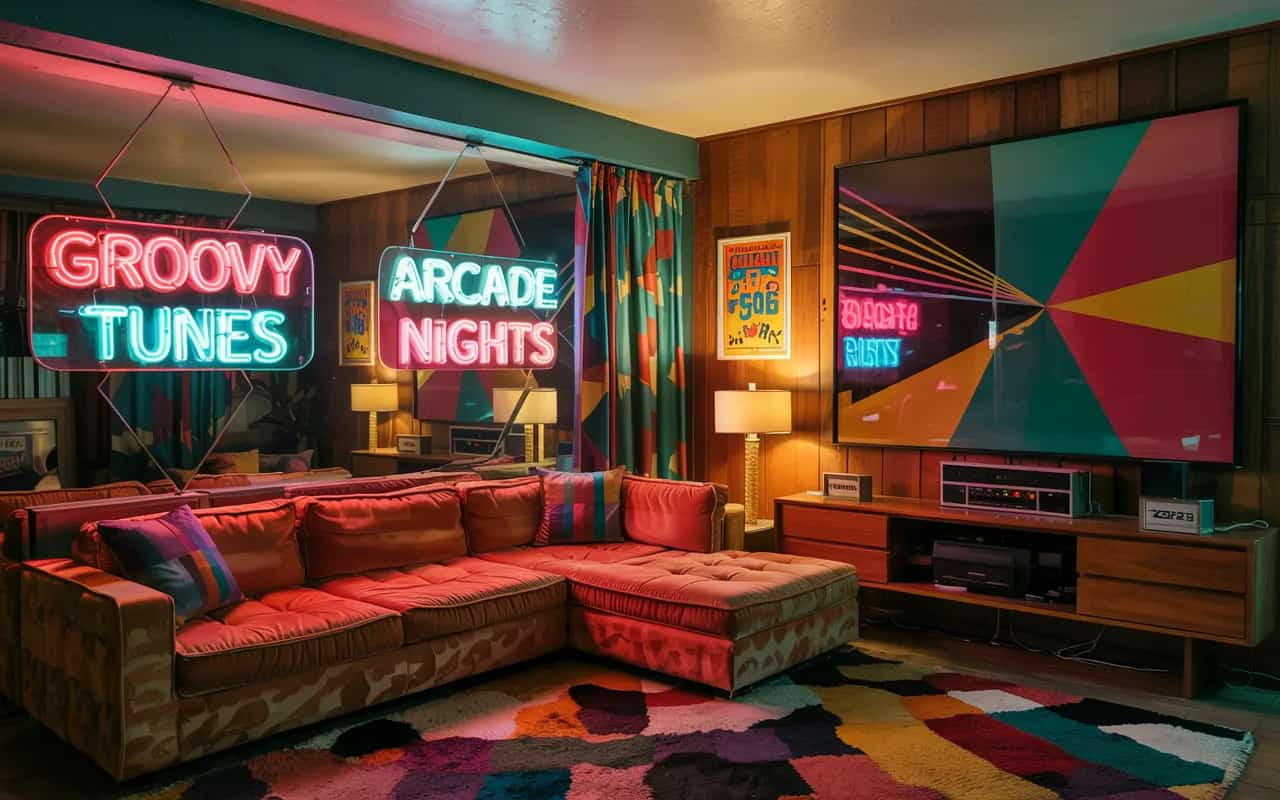 “80s retro living room with neon wall signs, large abstract painting, colorful framed posters, geometric mirrors, vibrant decor accents”