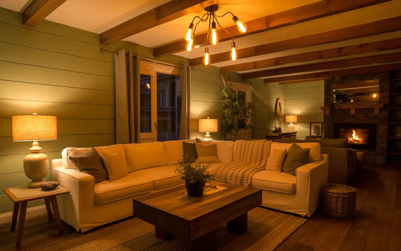 Modern country living room with warm lamps, pendant lights, and cozy evening ambiance.