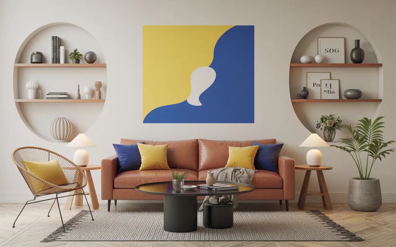 Living room with yellow and blue wall art, decorative shelves, cozy modern interior, Pinterest-style décor