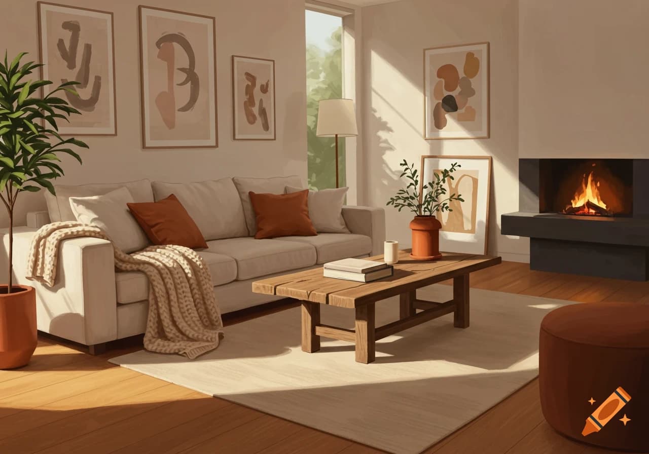 Neutral wall art and woven decor in a minimalist boho living room.