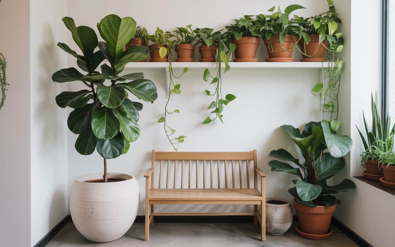 An indoor urban jungle corner. A tall Fiddle Leaf Fig in a large white ceramic pot stands next to a wooden bench. Several smaller terracotta pots with trailing Pothos plants sit on shelves above.