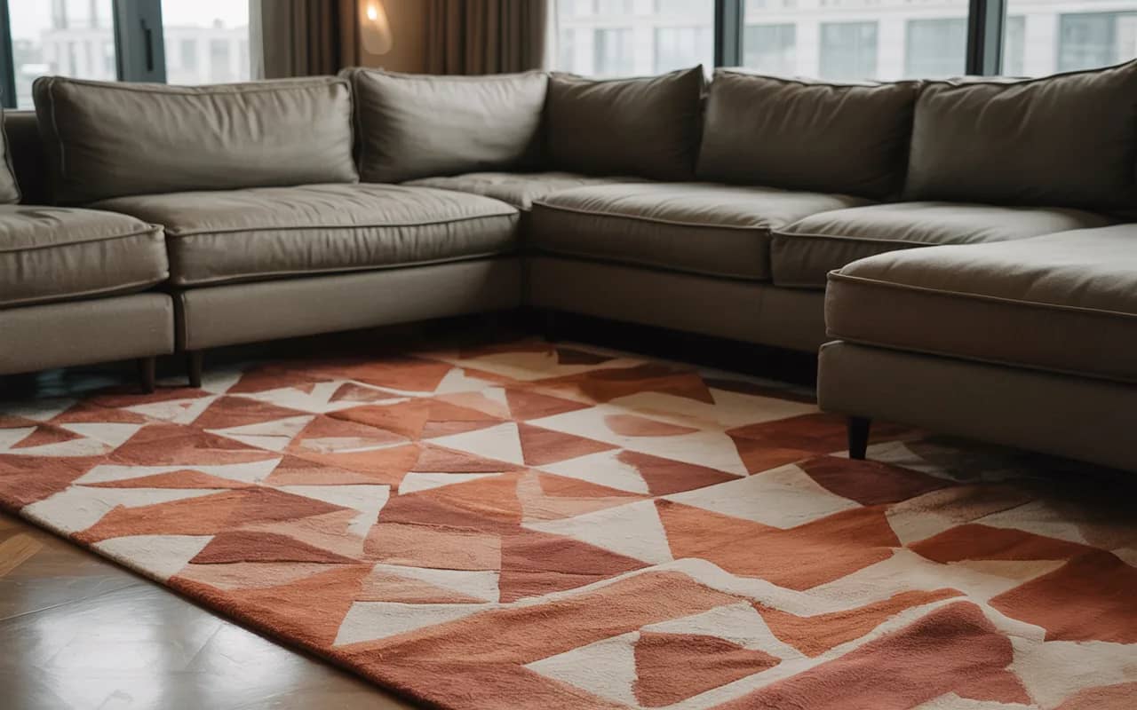 Apartment living room with a patterned rug under the sofa area.