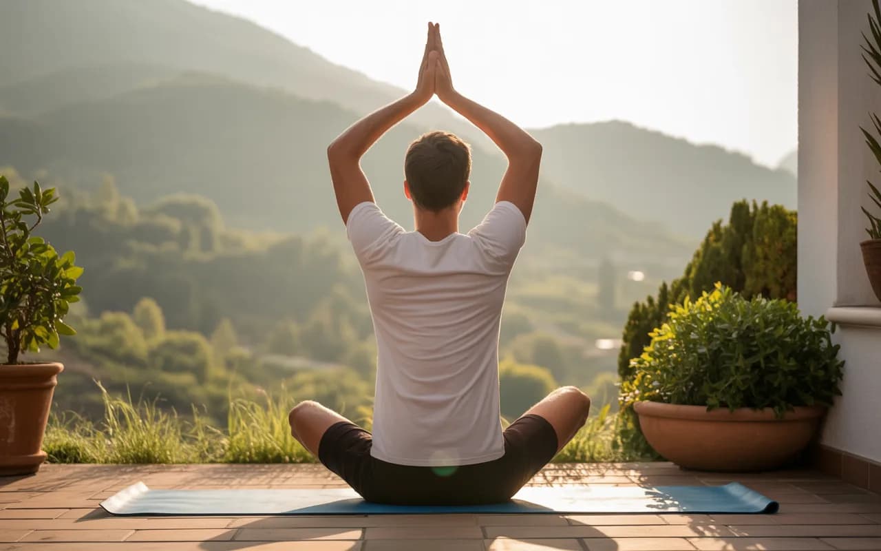 “Person practicing morning yoga on a terrace, surrounded by greenery, sunlight streaming in, representing health and wellness.”