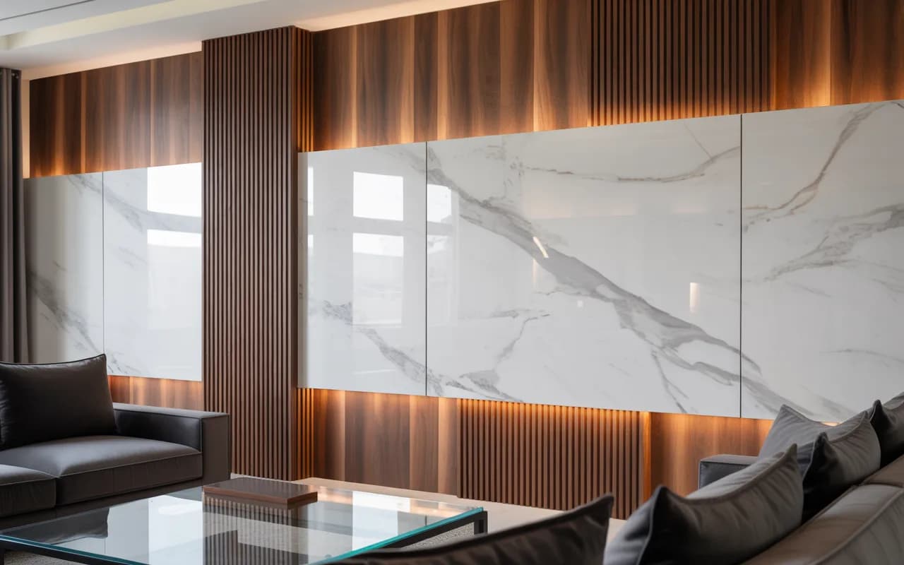 Modern luxury living room TV wall combining wood slats and marble panels, ambient lighting, stylish elegant furniture, cozy interior."