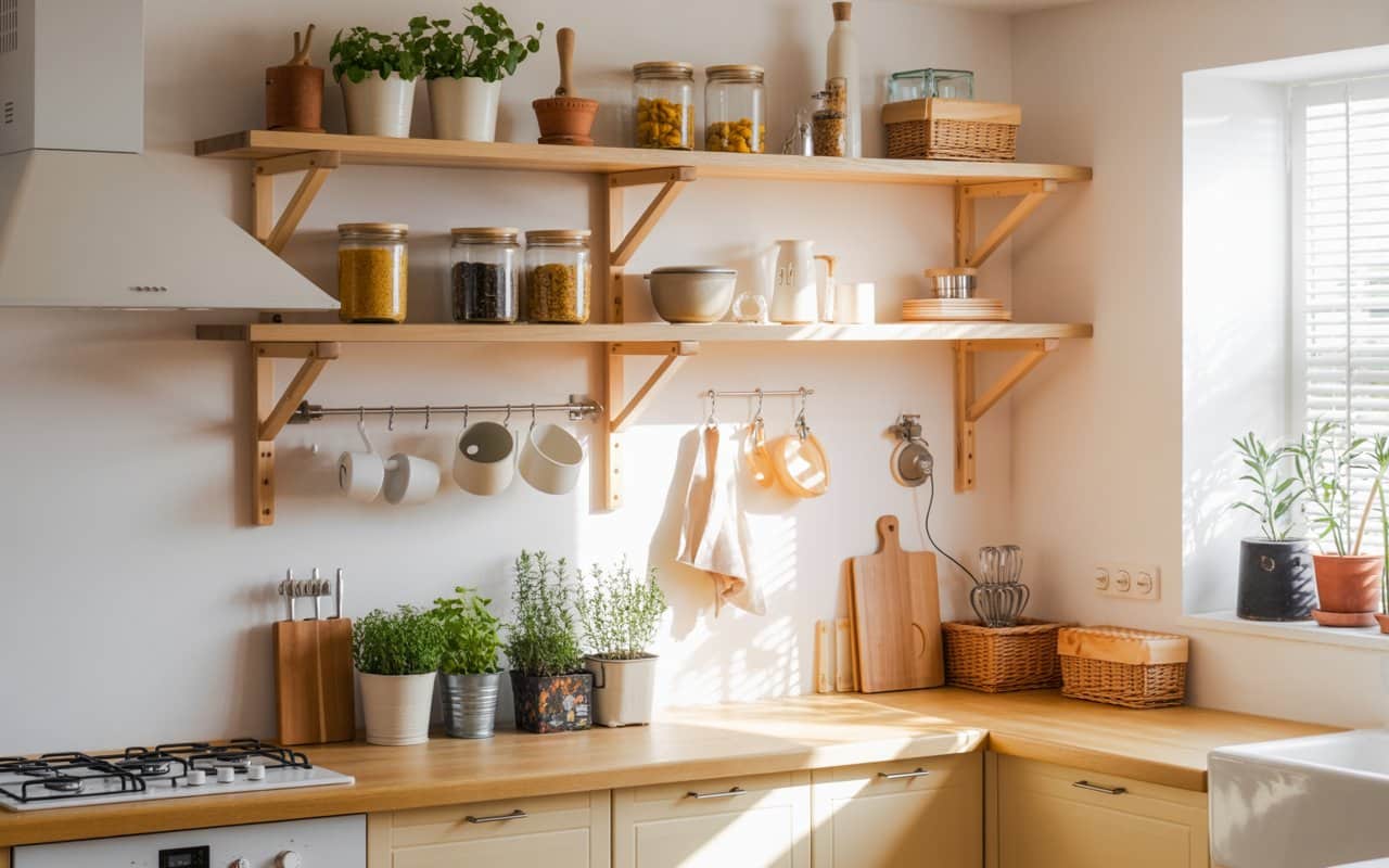 Modern kitchen with open wooden shelves, white walls, decorative jars, small potted herbs, bright natural light, Pinterest style