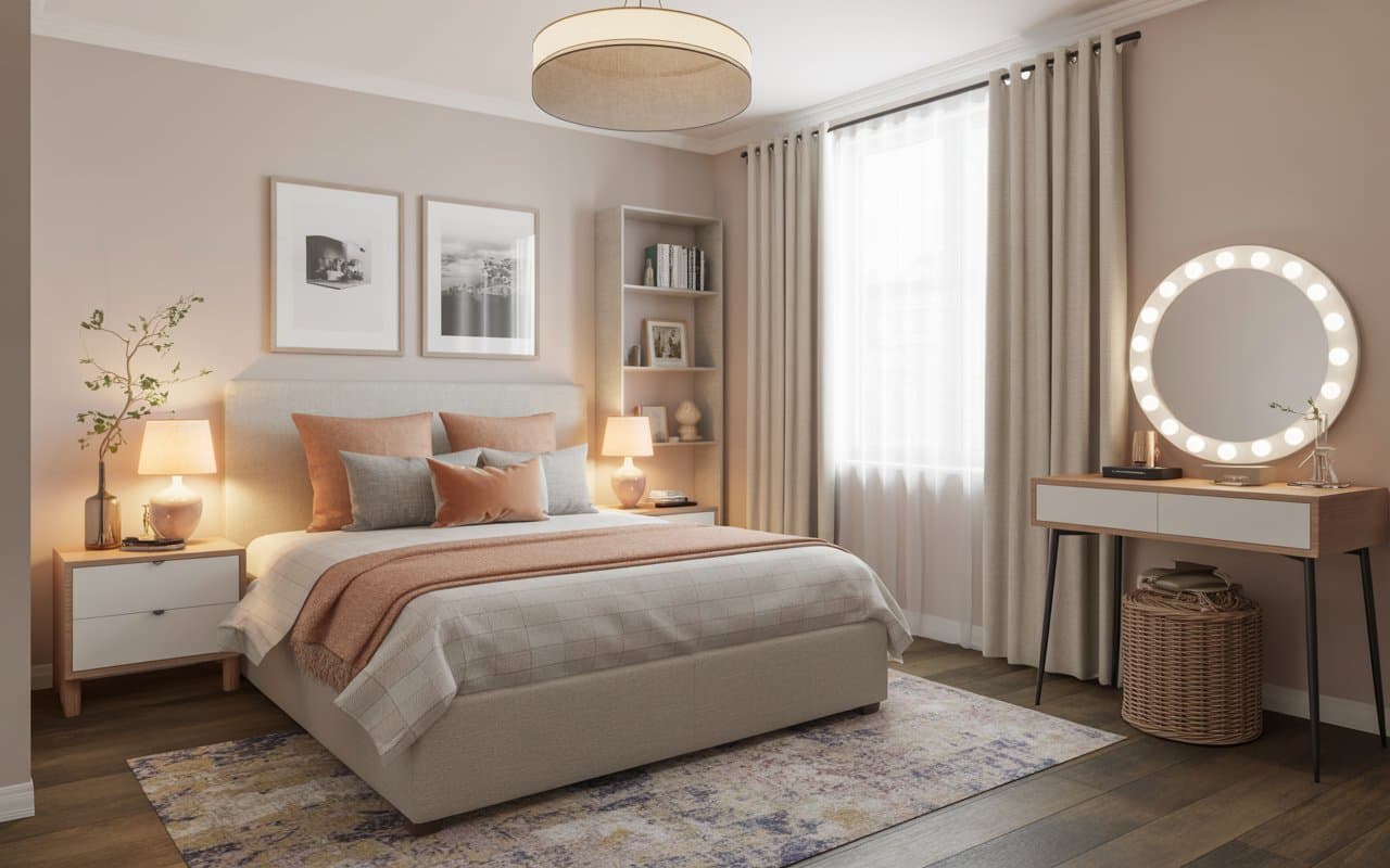 Bedroom with a large textured rug, neutral decor, layered textiles, cozy Pinterest-style interior