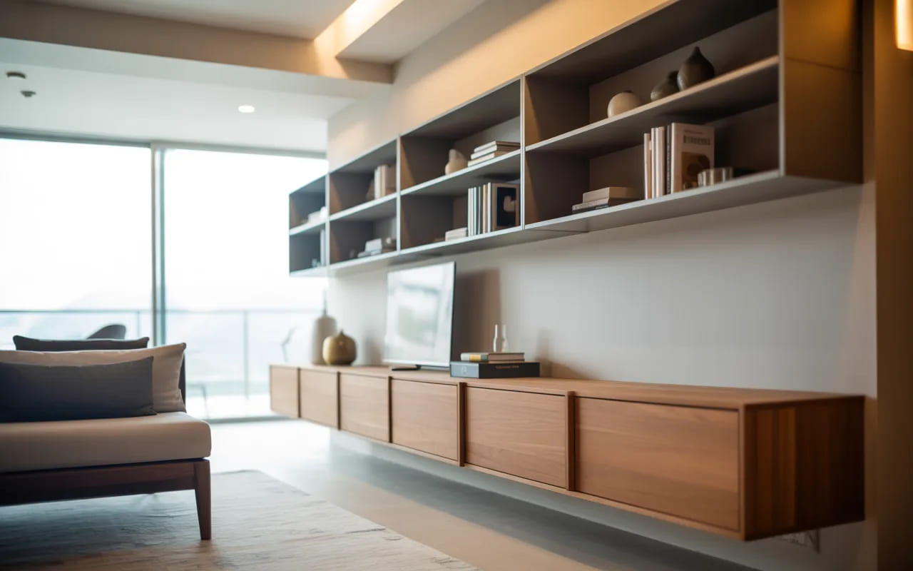 Apartment living room with floating shelves and built-in storage units.