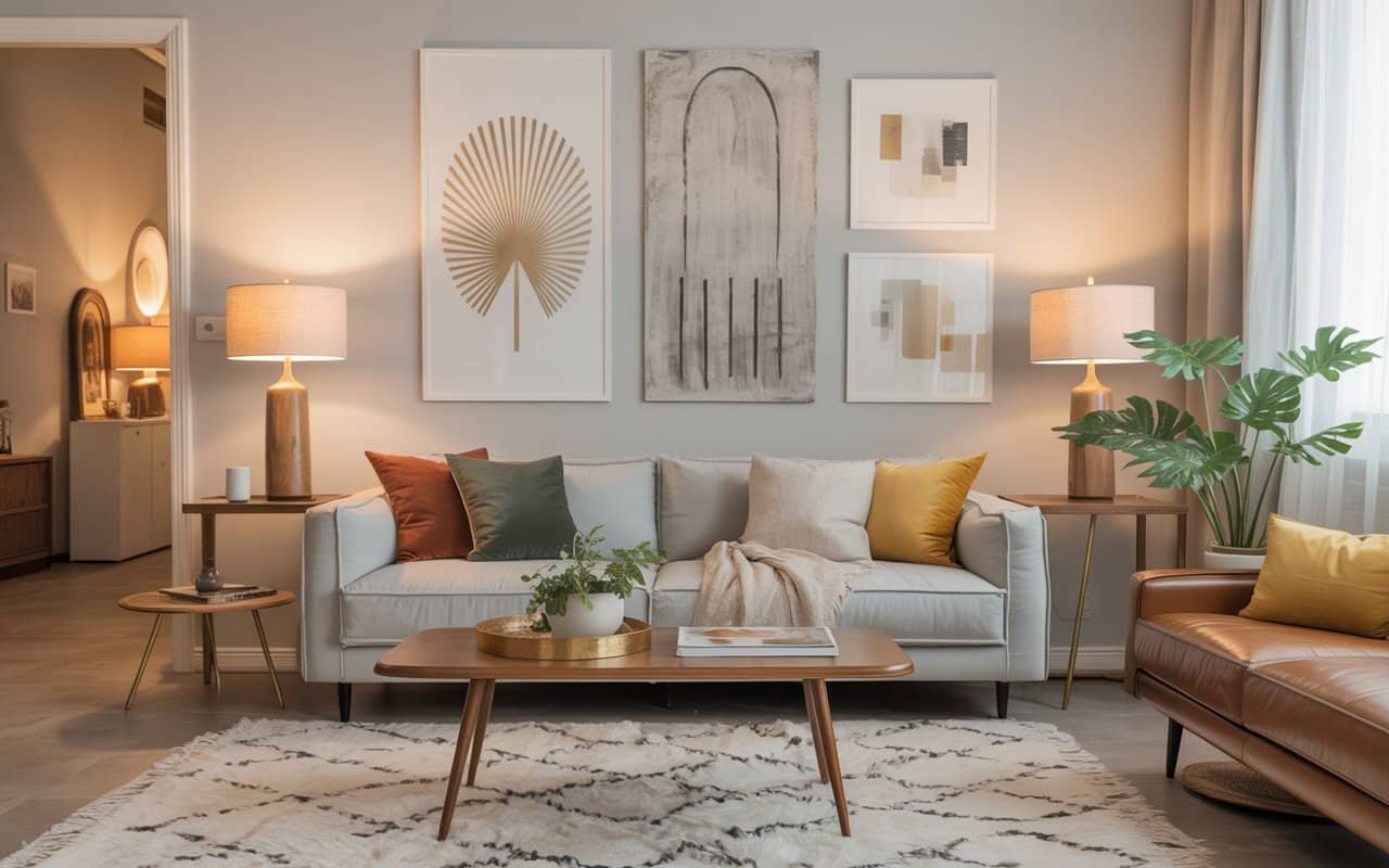 Living room with beige sofa, gold accents, wooden coffee table, soft rug, bright modern interior, Pinterest-style photo.