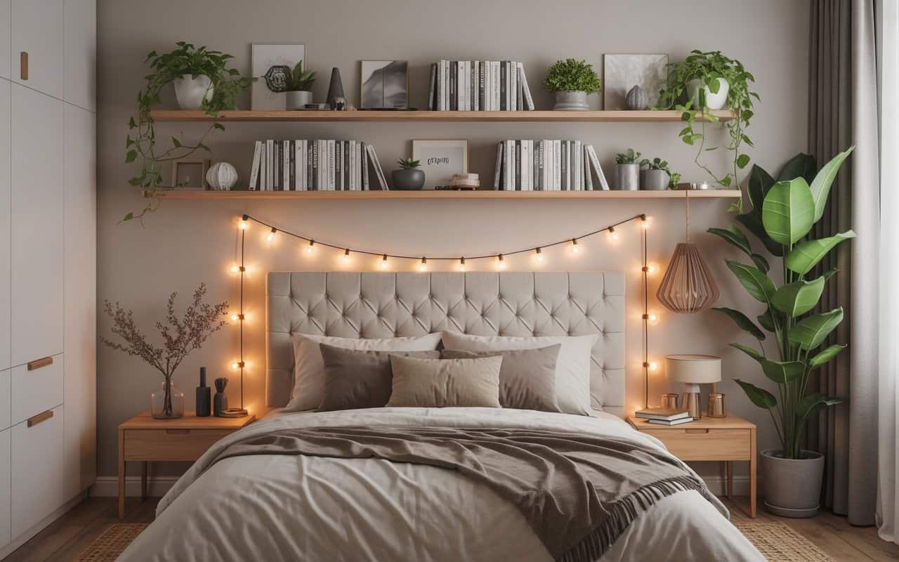 Modern bedroom with warm string lights around headboard, ambient lighting, cozy and stylish decor