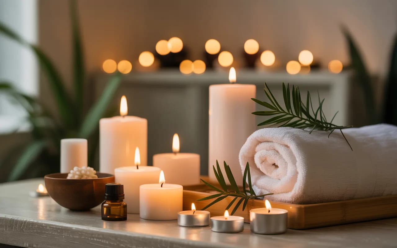 A serene spa setup with candles, towels, and essential oils, highlighting relaxation and wellness.