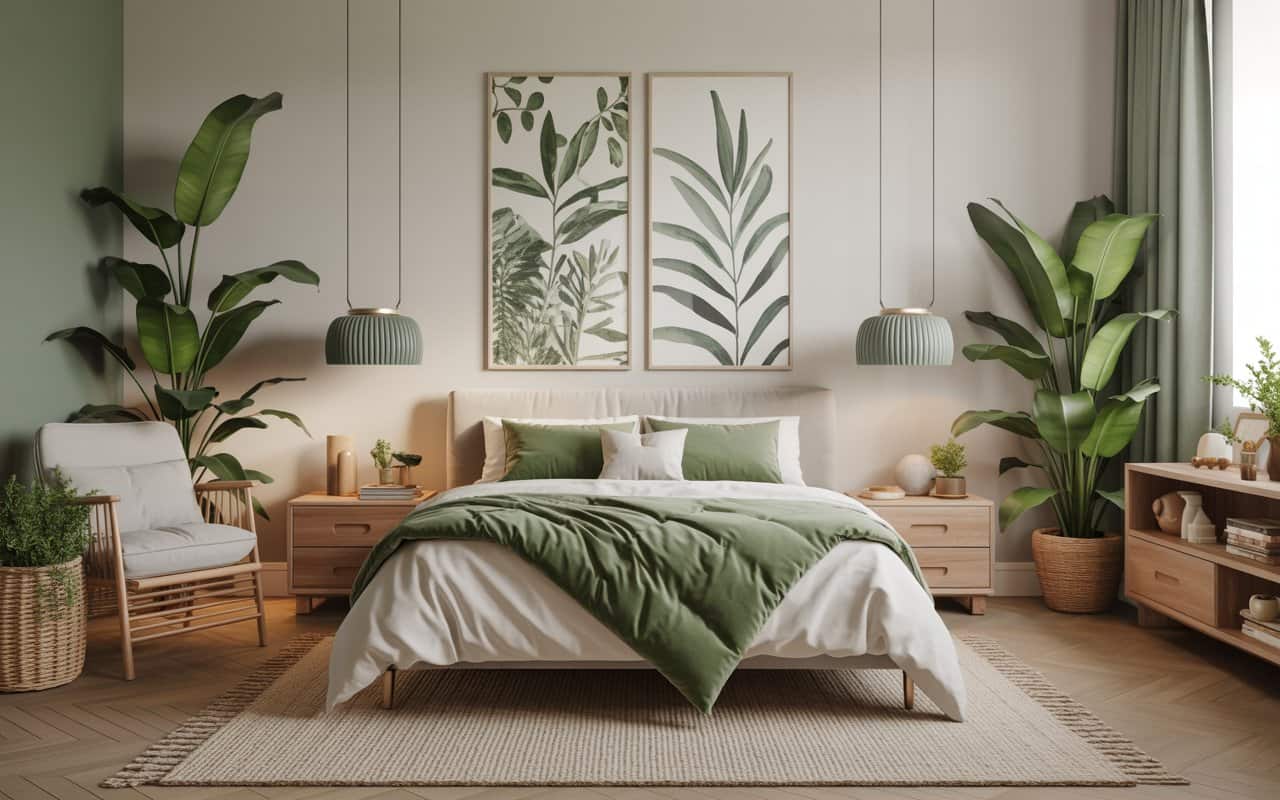 Bedroom with sage green chair, white bed, wooden furniture, soft neutral décor, modern cozy interior, Pinterest aesthetic.