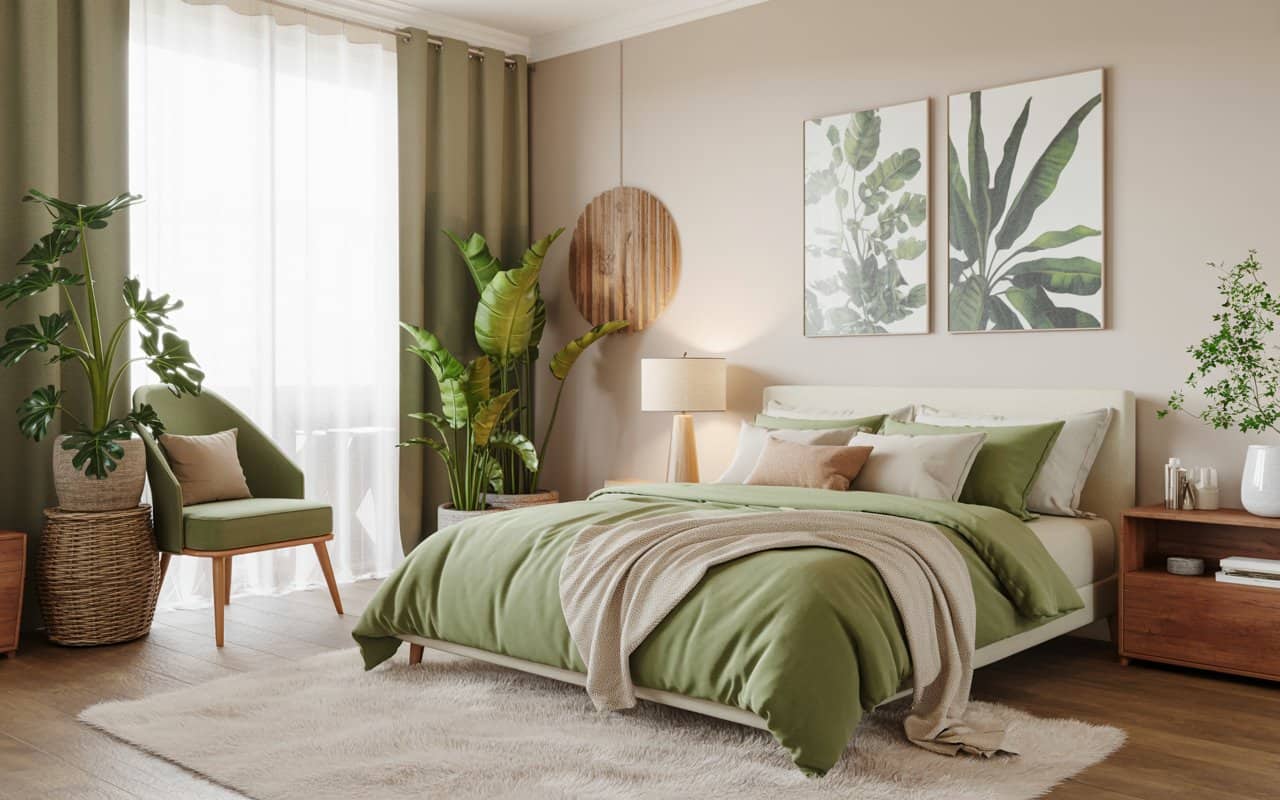 Bedroom with botanical wall art, green accents, white bedding, neutral furniture, cozy modern interior, Pinterest-style photo.”
