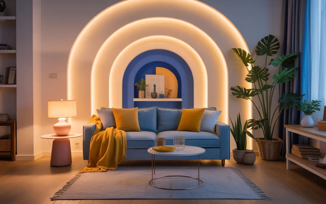 Living room with layered lighting, yellow cushions, blue sofa, bright and cozy modern interior, Pinterest-style décor