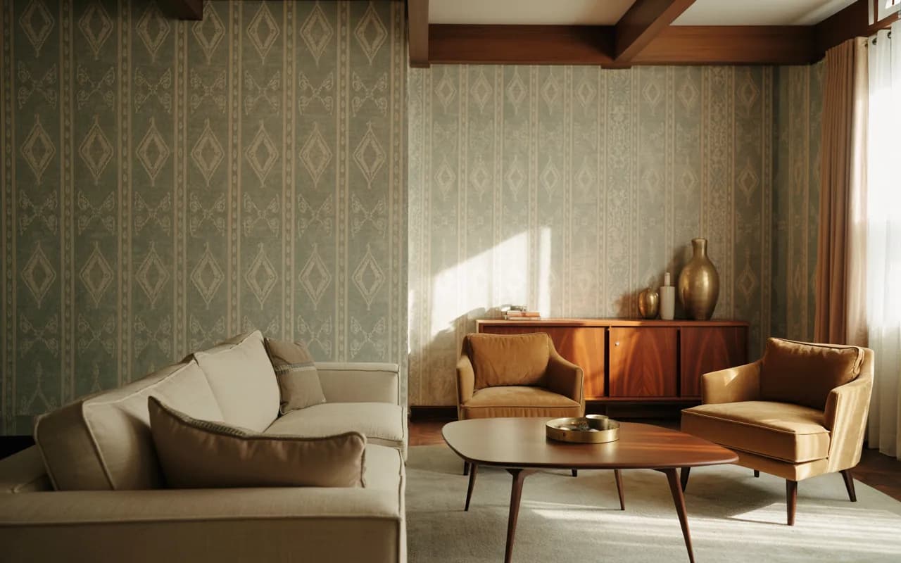 Elegant living room featuring vintage retro 1950s wallpaper with subtle geometric patterns, neutral furniture, wooden accents, soft daylight, classic and timeless interior style.