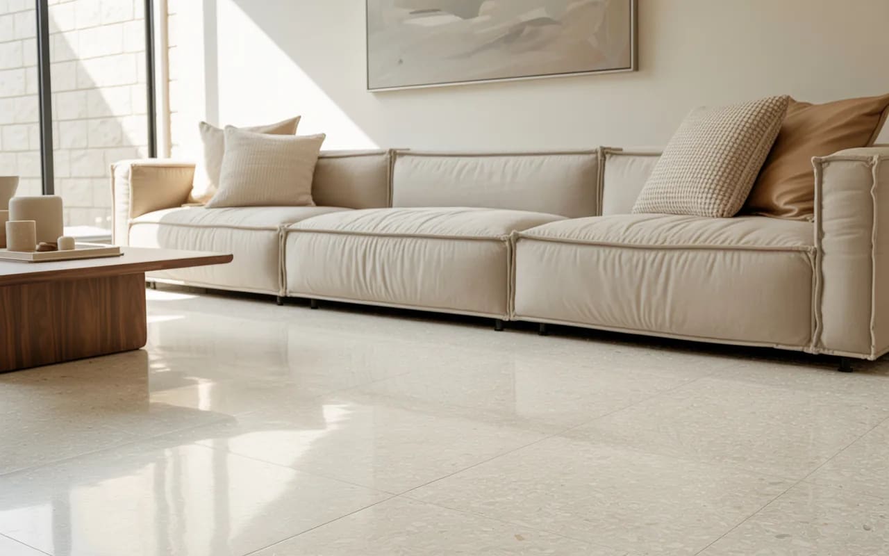 Modern living room with light terrazzo floor, beige sofa, and neutral decor.