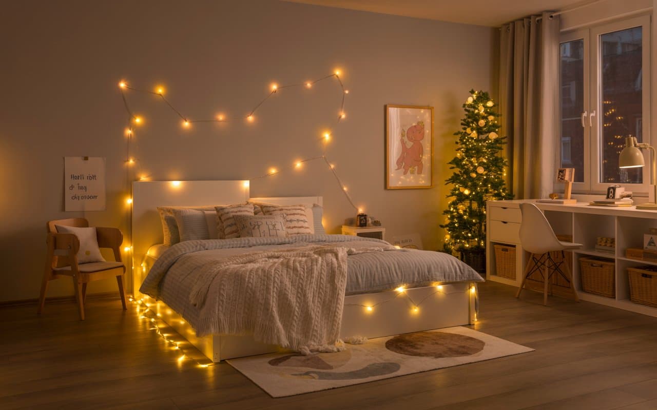 Kids room with warm fairy lights around bed, cozy and magical ambiance