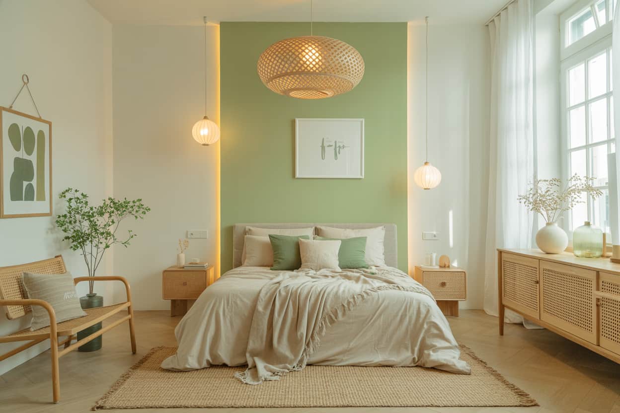 Bedroom with green accents, soft warm lighting, neutral furniture, cozy modern interior, Pinterest-style photo