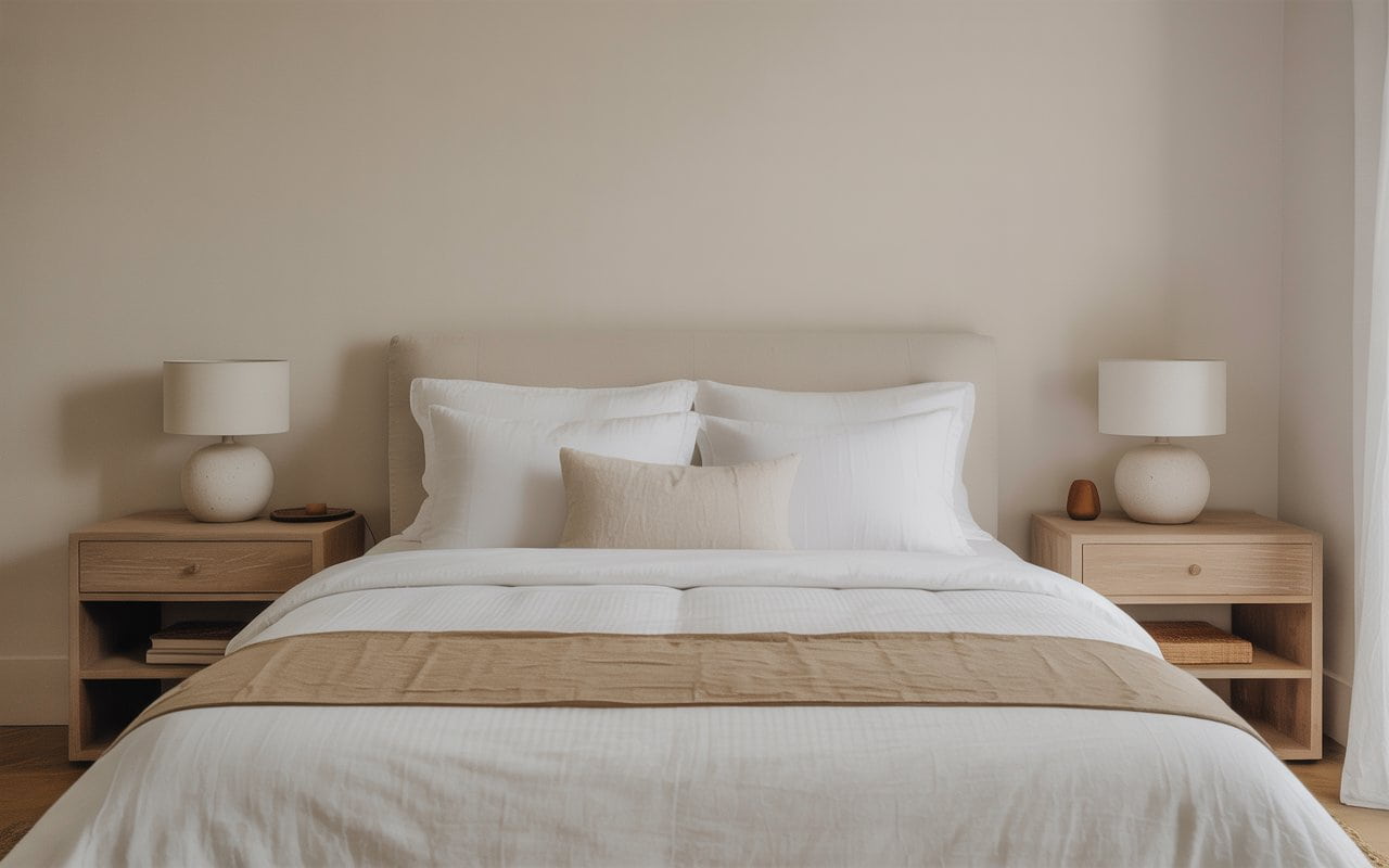 A serene, minimal bedroom. All-white bedding with a single tan linen runner. Matching light-oak nightstands with simple white ceramic lamps. No clutter on the surfaces.