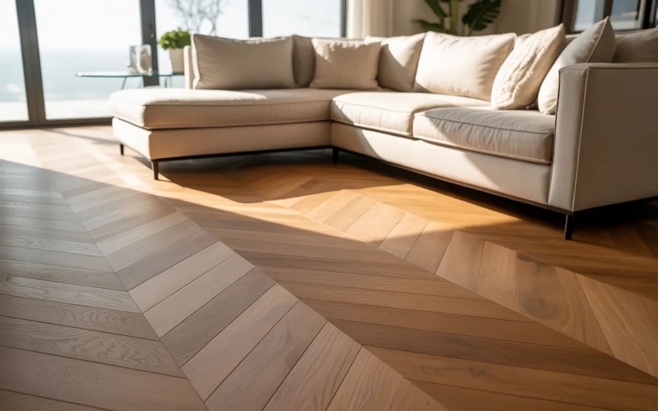 Living room with herringbone patterned wooden flooring and light sofa.