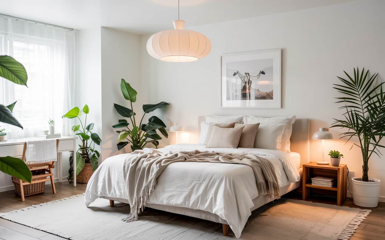 Minimalist white bedroom with modern pendant light, soft natural light, neutral bedding, cozy elegant interior, Pinterest-style photo.”