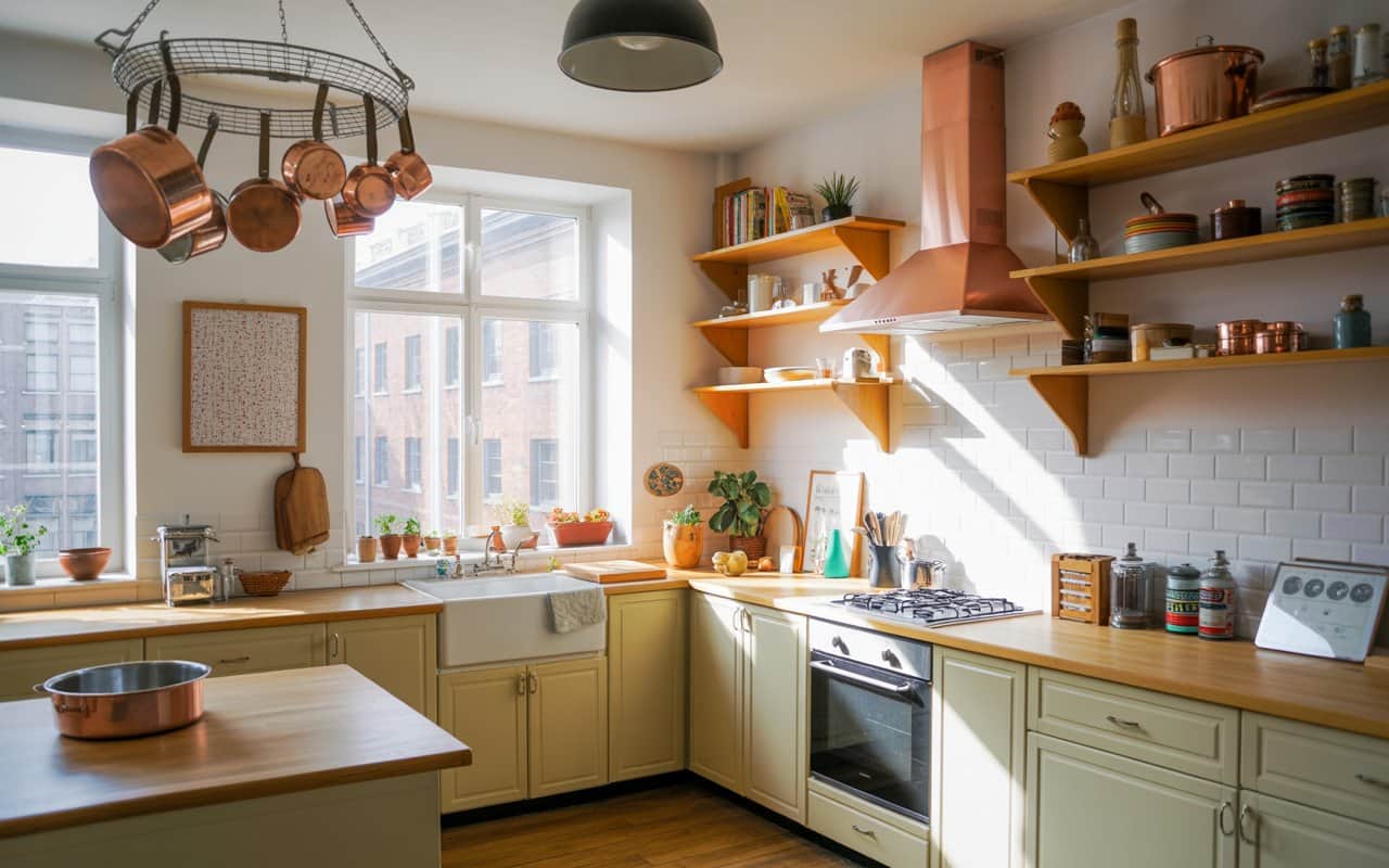 Kitchen with hanging copper pots, open wooden shelves, colorful utensils, bright natural light, cozy and stylish atmosphere