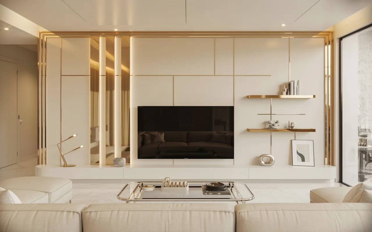 Luxury modern living room TV wall with gold accents, chrome trim, ambient lighting, minimalistic furniture, elegant stylish decor."