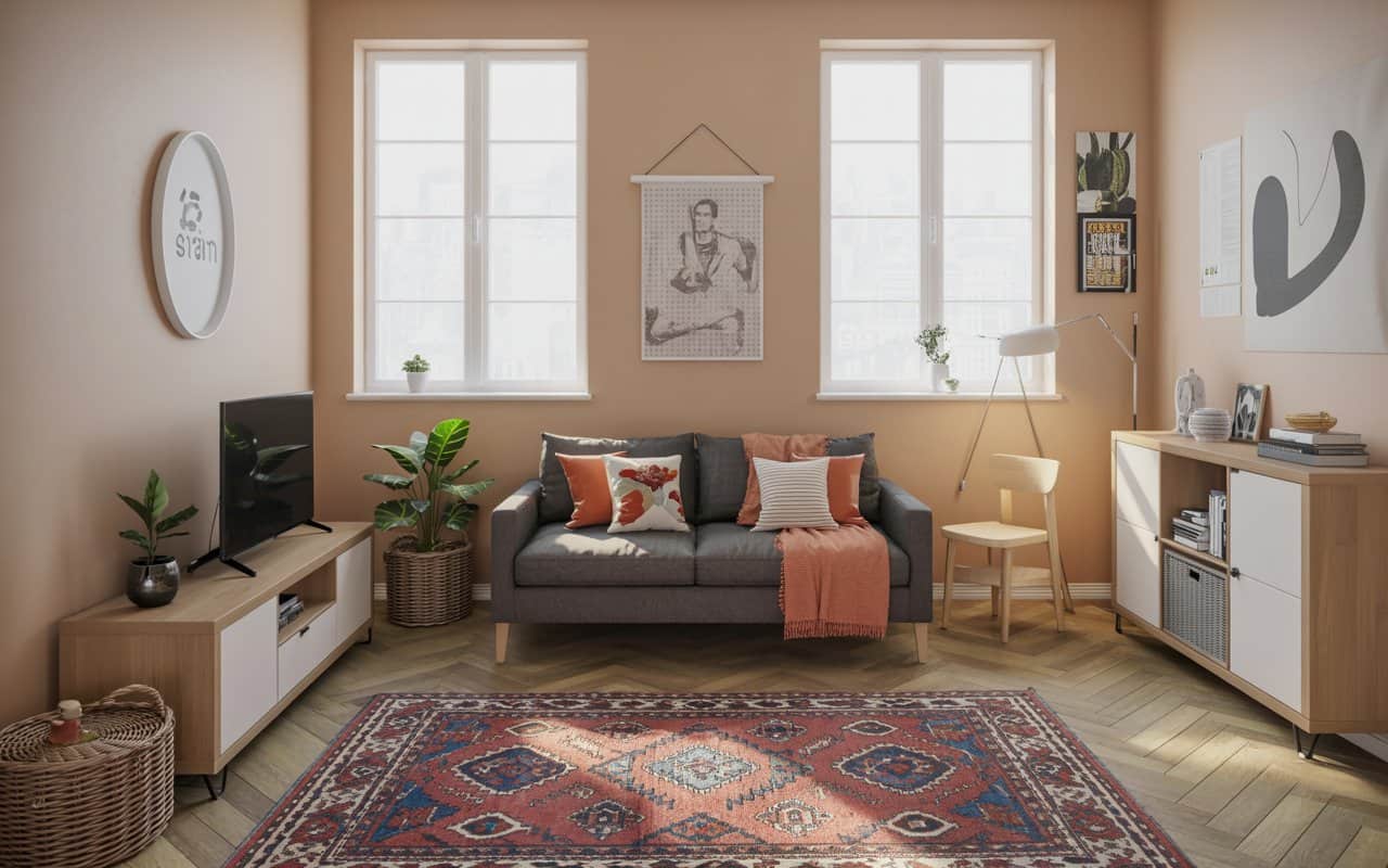 A small, cozy living room with a bold rug, colorful cushions, and smart storage solutions.