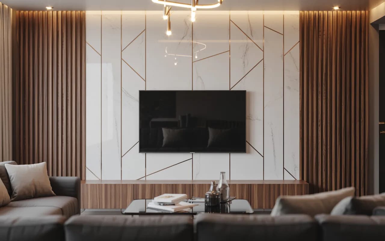 Luxury living room TV wall with textured wooden slats and marble, gold accent lines, modern furniture, cozy lighting, stylish contemporary interior."