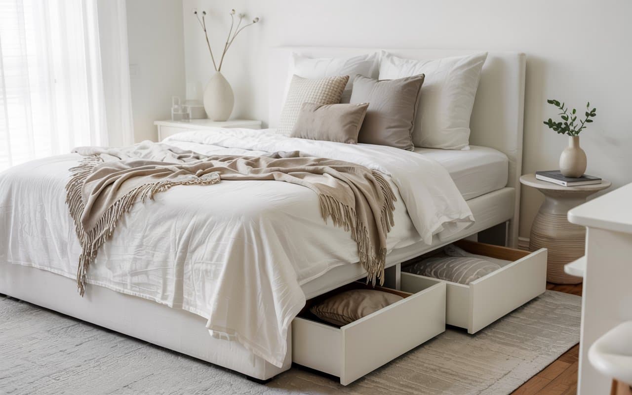 Minimalist white bedroom with soft linen bedding, layered pillows, cozy throw, neutral tones, bright airy interior, Pinterest aesthetic.”