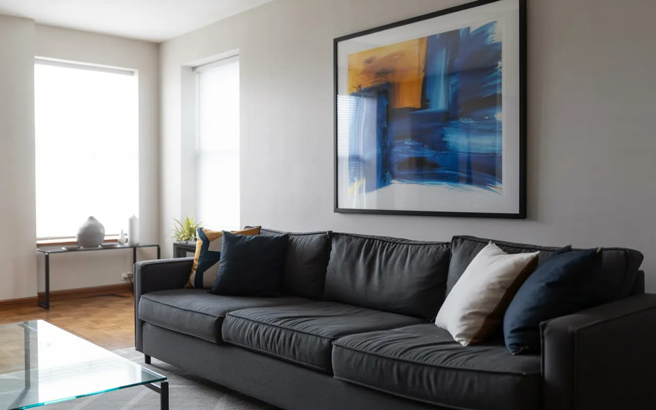 Apartment living room with large framed artwork above a sofa.