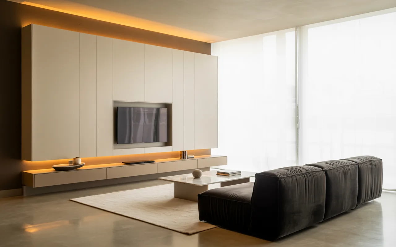 Modern luxury living room with floating TV unit, hidden storage, minimalist design, ambient LED lighting, stylish furniture."