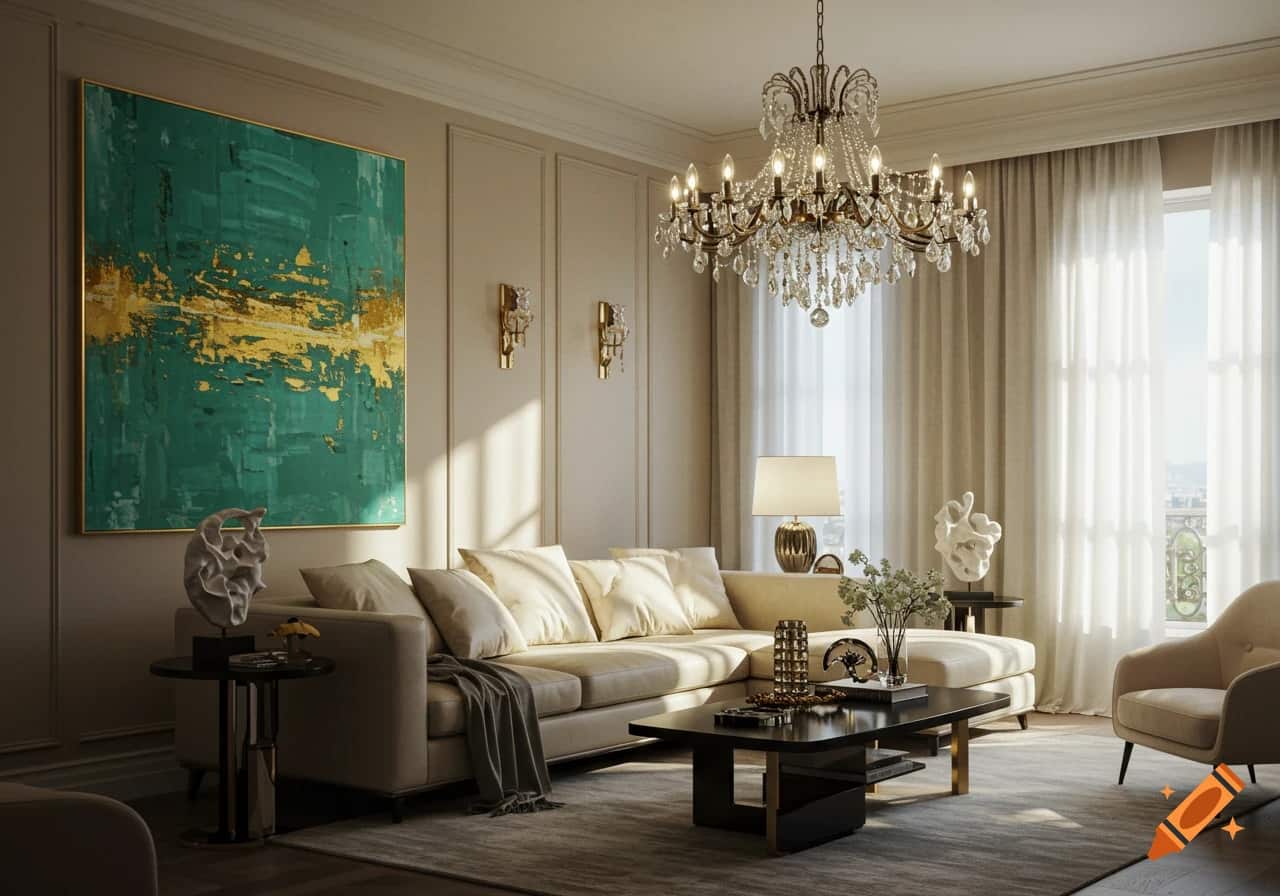 Beige sofa living room with green-themed artwork and wall decor, elegant and modern look.