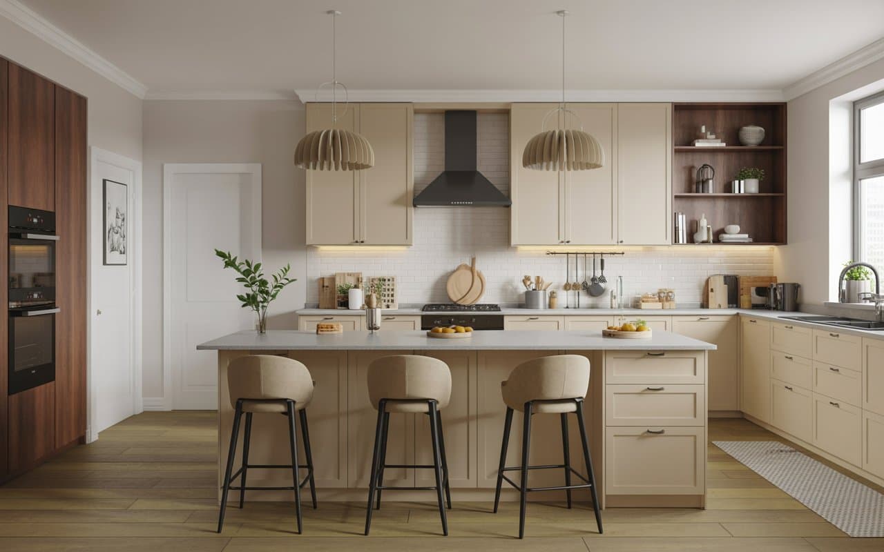 Kitchen island with breakfast bar, modern bar stools, stylish pendant lights, inviting cozy kitchen, Pinterest style.