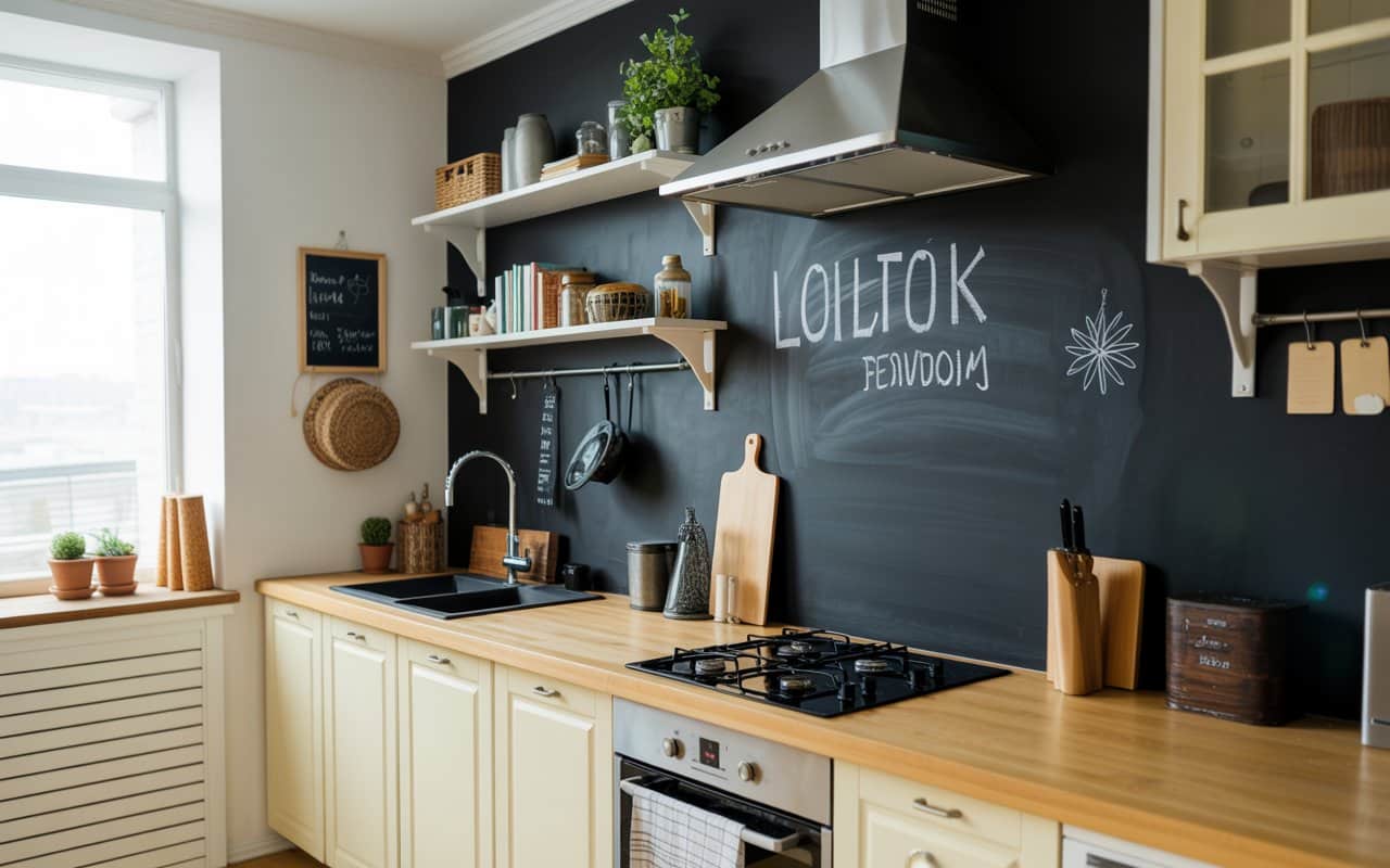 Modern kitchen with black chalkboard wall, wooden countertop, bright lighting, DIY decor, cozy functional vibe