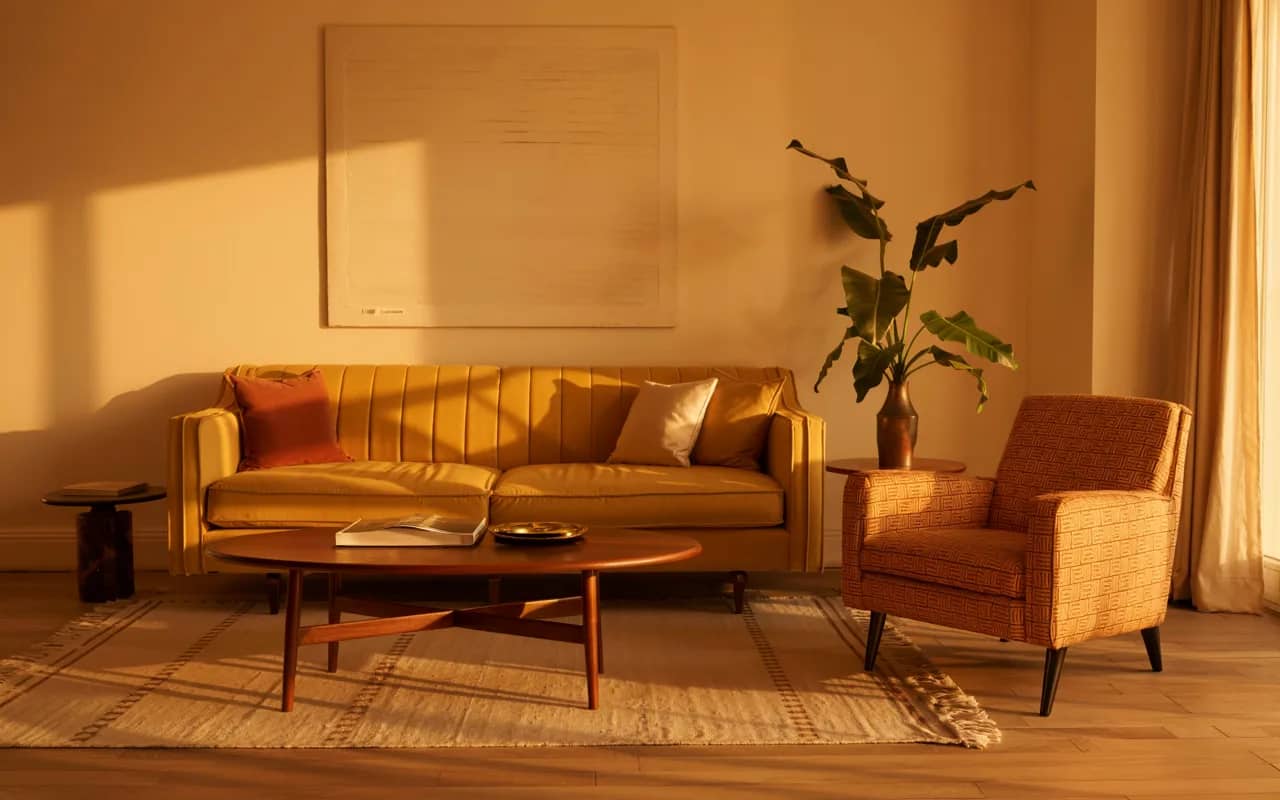 Mid-century modern living room with a mustard velvet sofa, wooden coffee table, and geometric patterned armchair.