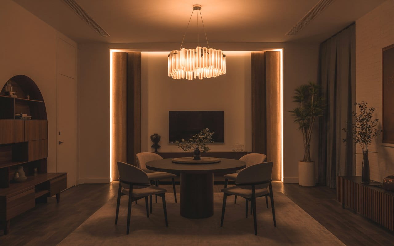 Dining room with a bold chandelier, warm ambient lighting, modern minimalist furniture