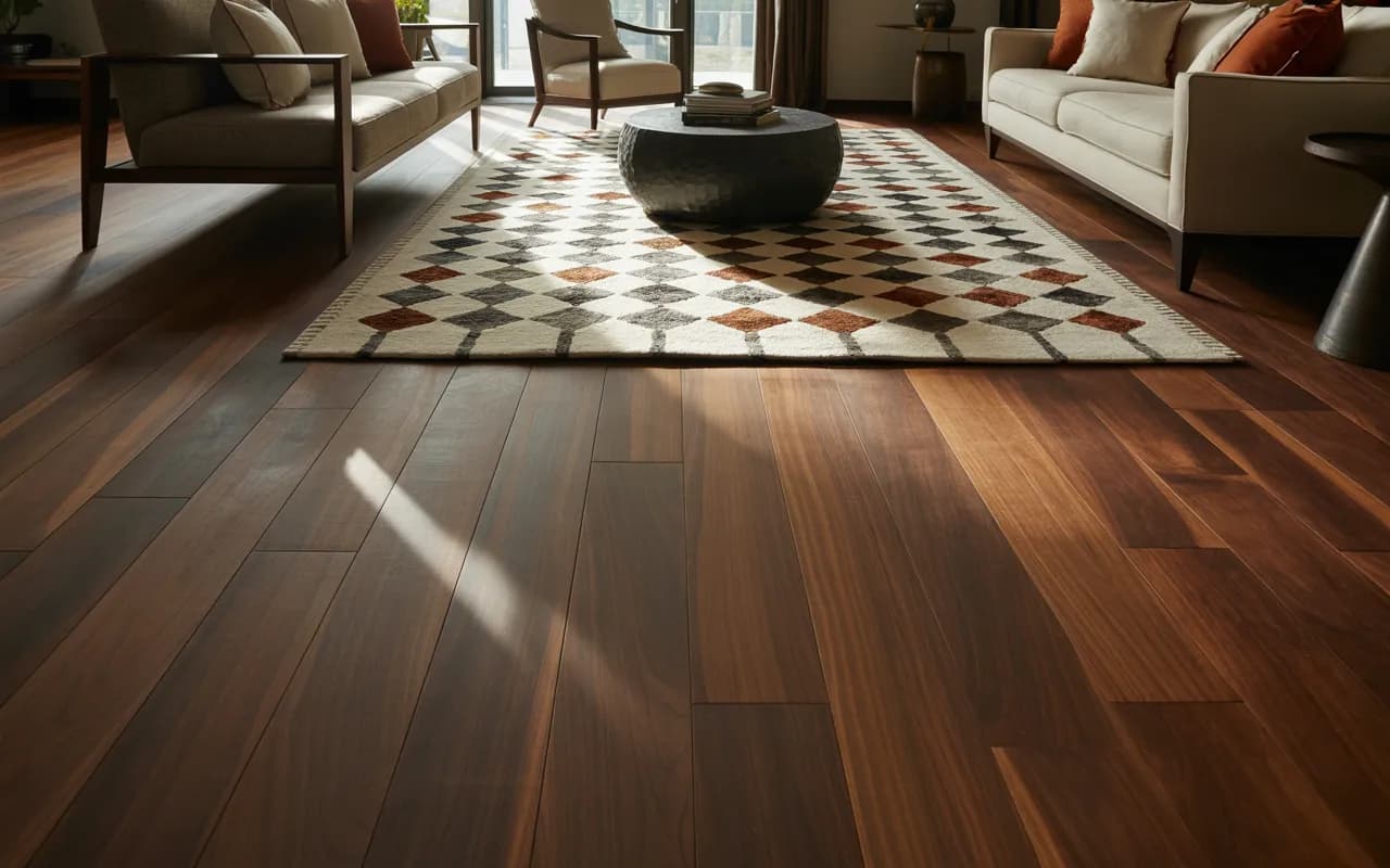Living room with dark hardwood flooring and large patterned area rug.