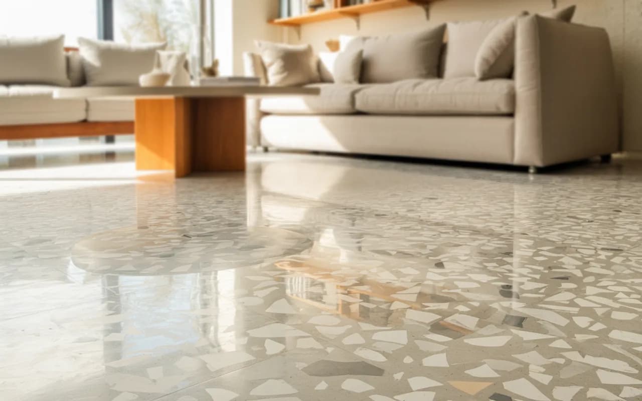 Close-up of terrazzo floor in a living room with a neutral sofa and wooden accents.