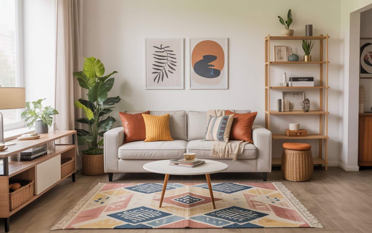 A modern living room with budget-friendly rugs, colorful throw pillows, and wall art, showing a cozy and stylish vibe.