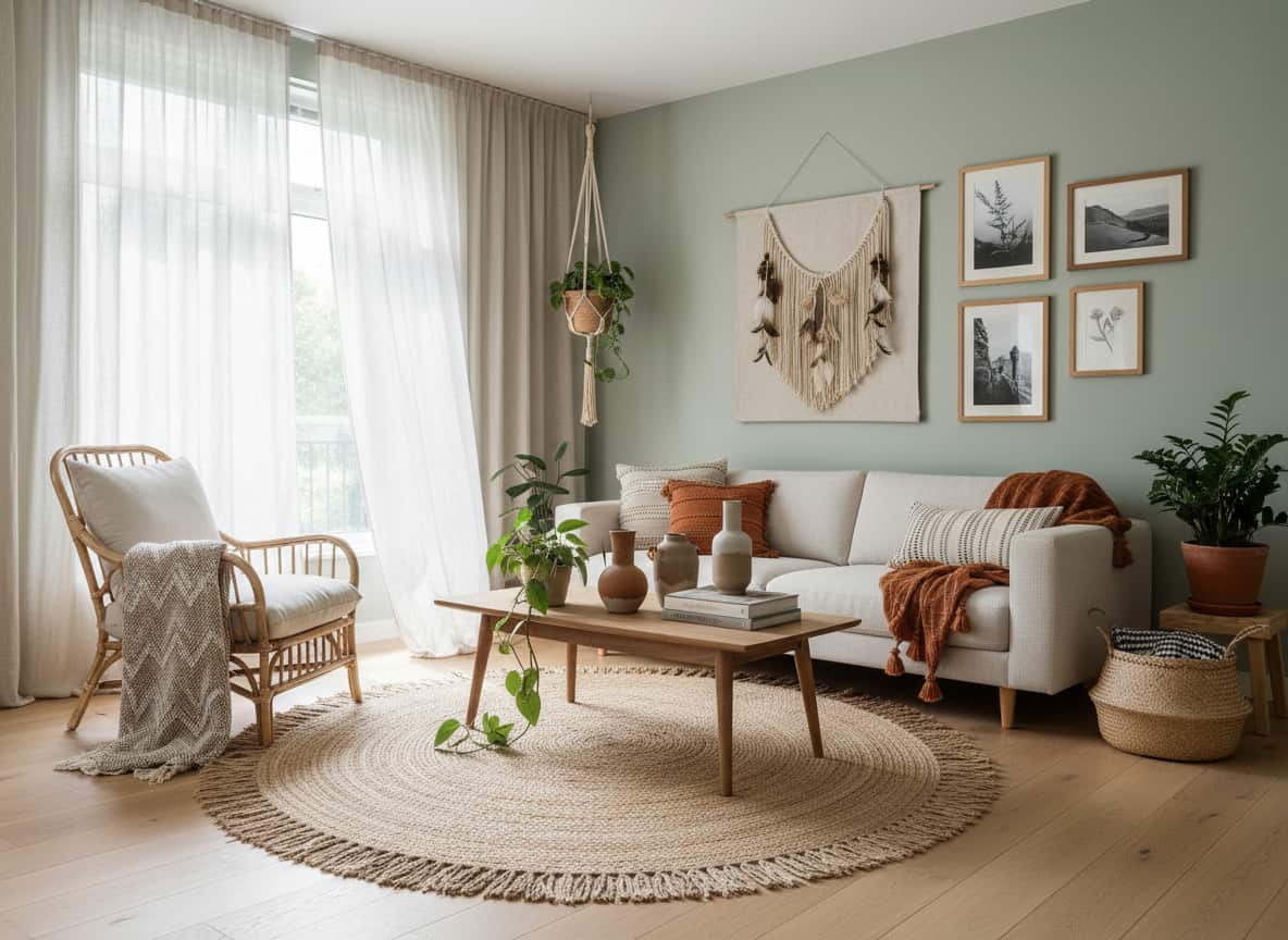 Calm living room blending minimalist furniture with boho textures and handmade decor.