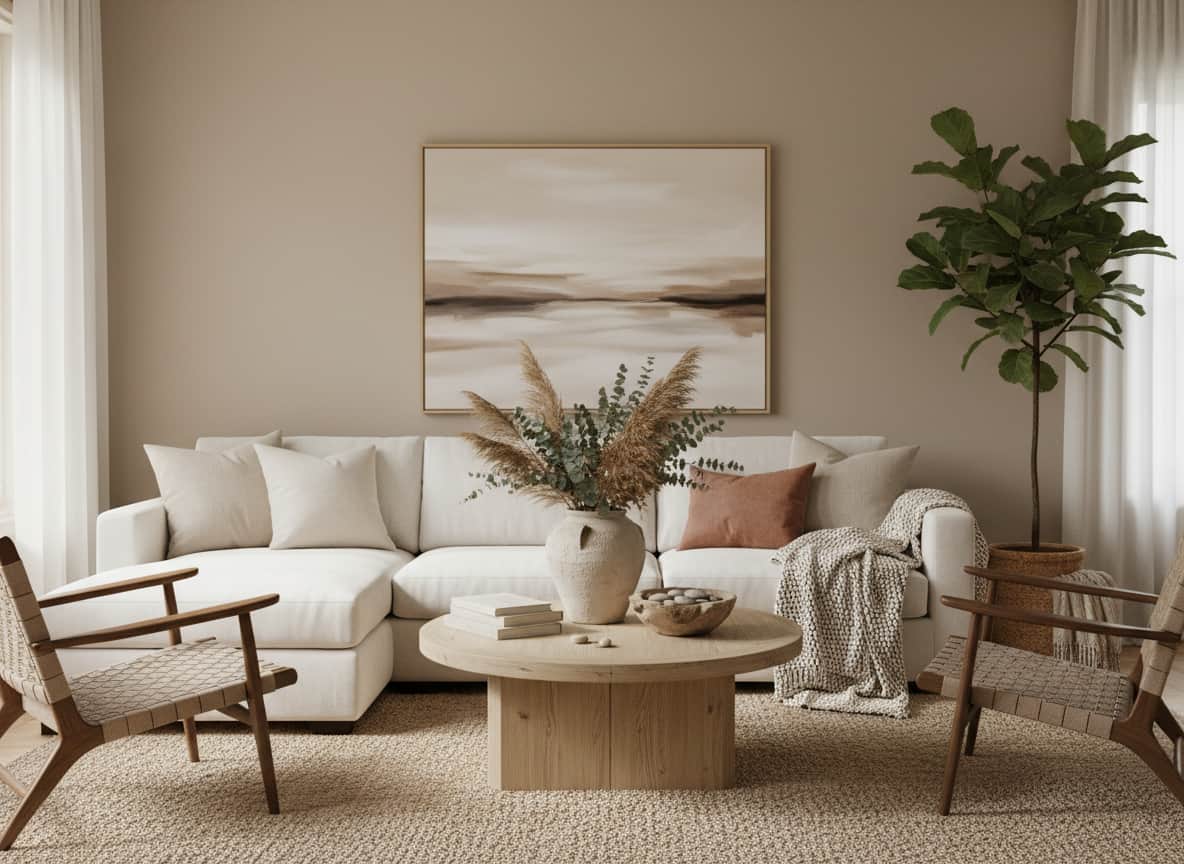 Neutral-toned living room with beige walls, soft white sofa, and earthy accents.