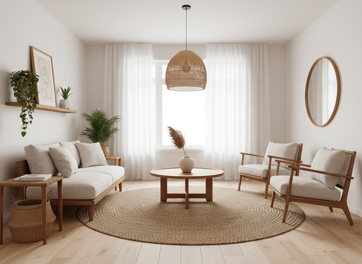 Living room featuring wood furniture, jute rug, and rattan accents in minimalist style.