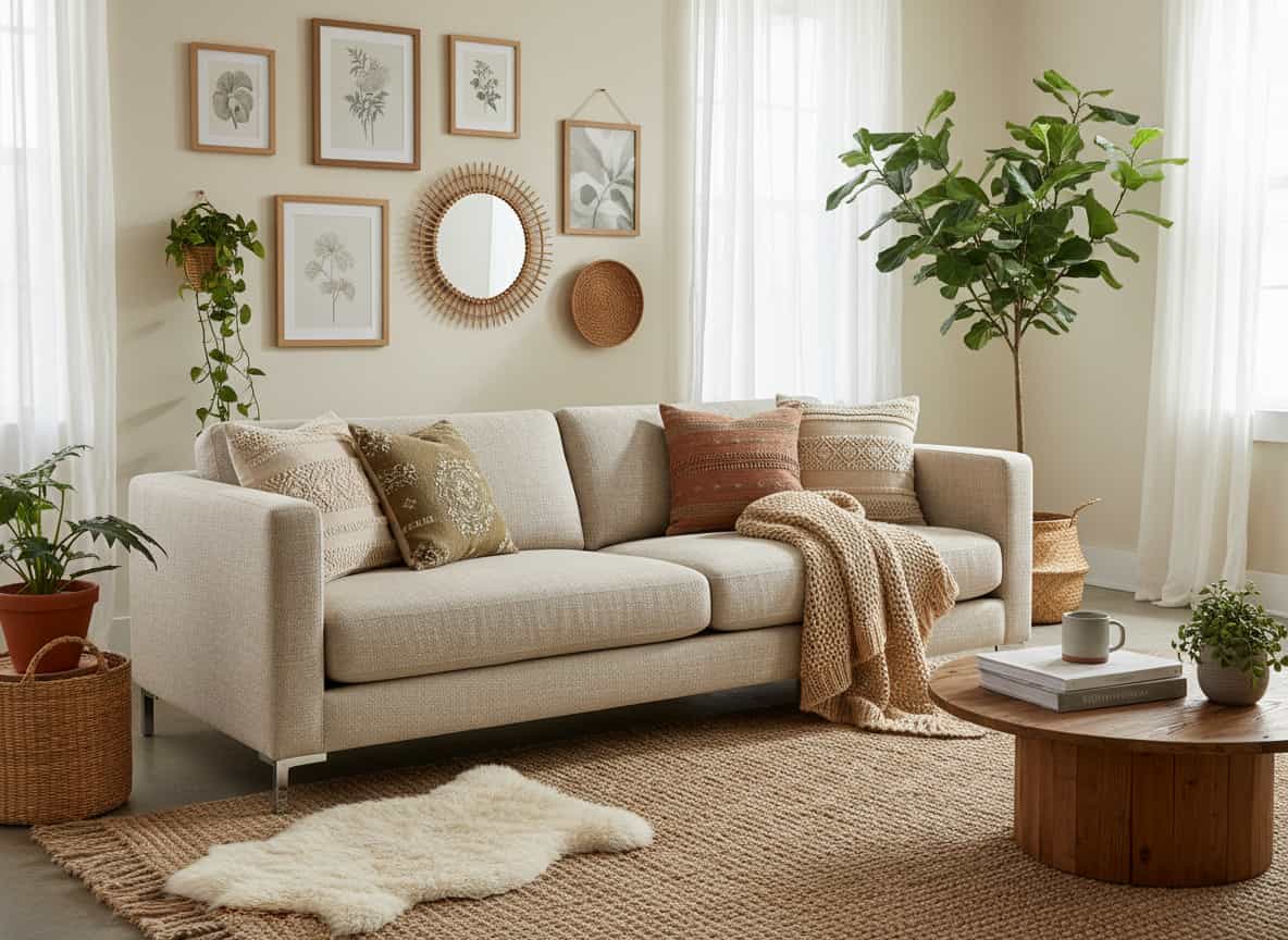 Minimal beige sofa with clean lines in a boho-inspired living room.