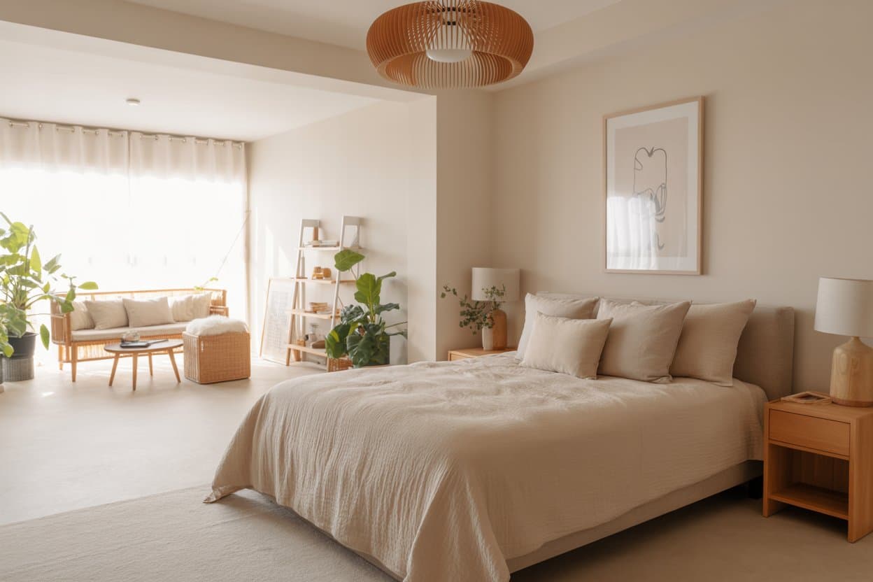 Minimalist bedroom with single framed art piece, soft neutral bedding, wooden accents, cozy modern interior, Pinterest-style photo.”